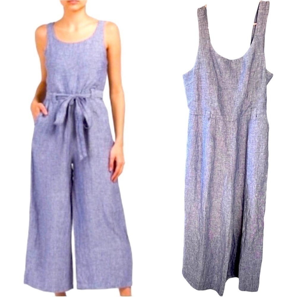 St Tropez West Linen Chambray Jumpsuit Cropped Wide Leg Denim Blue Pockets Sz 2 - Picture 1 of 14